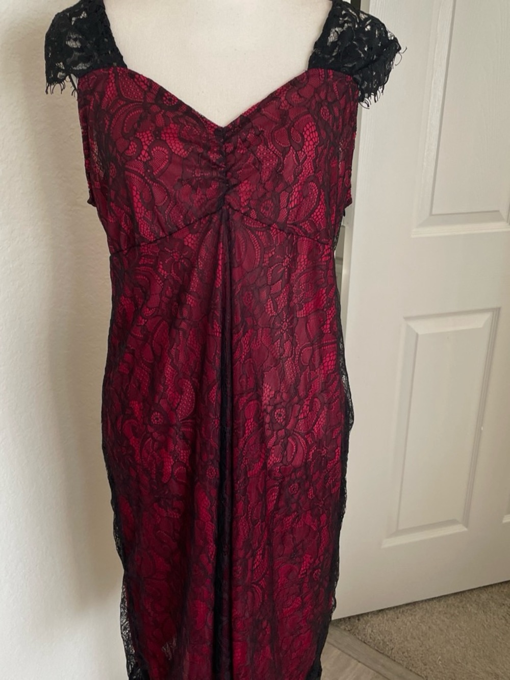 Red Midi Dress with Black Lace